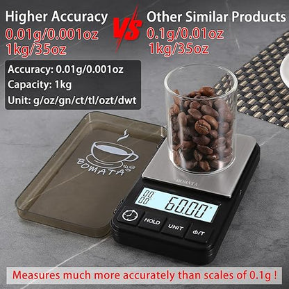 BOMATA 1000 g x 0.01 g Digital Scale with Timer, Mini Digital Small & Thin Travel Pocket Scale, Grams and Ounces with Silicone Mat, High Precision.. CS150 0.01 g