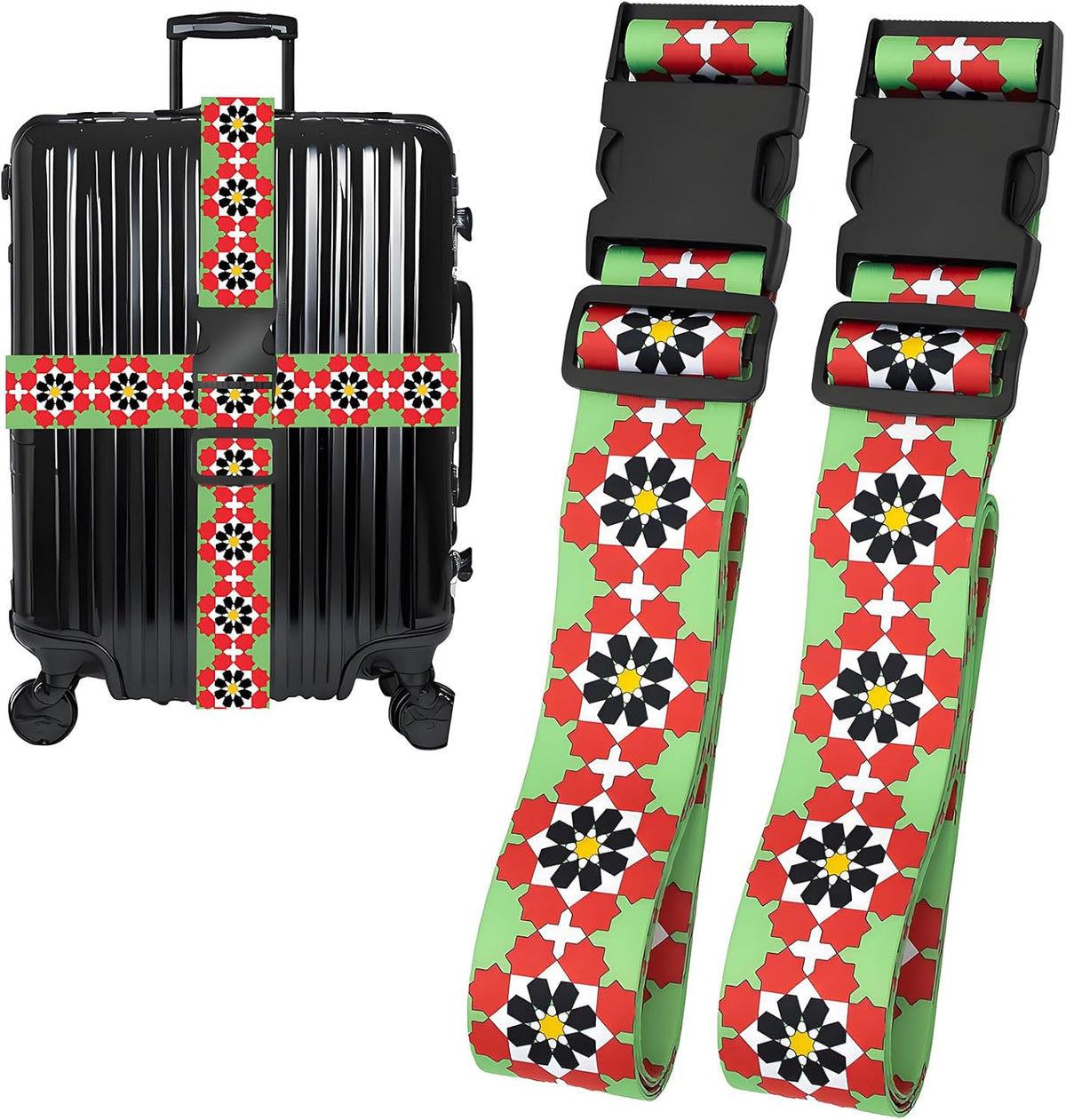 Flowers Luggage Straps for Suitcases, Adjustable Luggage Travel Belts to Keep Luggage Security While Travel, Strong Polyester Fabric, Easy-to-Recognize Stylish Design Travel Accessories, 2 Pack