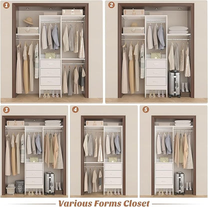 4FT Small Closet System with 3 Fabric Drawers, 48'' Closet Organizer System With 3 Adjustable Shelves, Flexible Built-In Clothes Garment Rack for Small Space, 48" L x 13" W x 71" H, White