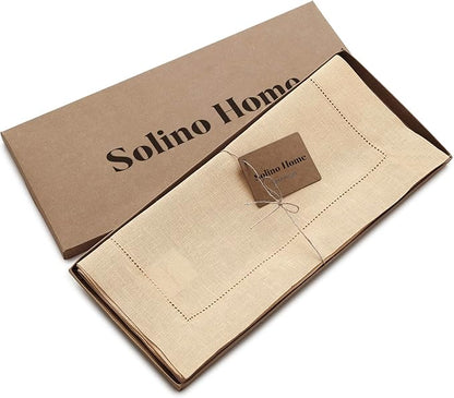 Solino Home Linen Beige Table Runner 108 Inches Long - 100% Pure Linen 14 x 108 Inch Table Runner for Christmas, New Year - Classic Hemstitch