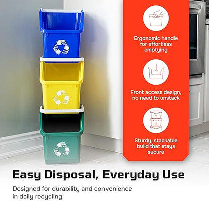 Multi Recycling Bin System with Three Stacking 6 Gallon Bins with Carrying Handles, Stackable and Compact for Offices, Homes, Garages, Businesses - (Grey, 6 Pack)