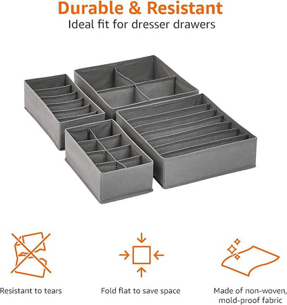Amazon Basics Dresser Drawer Storage Organizer for Undergarments, Set of 4 - Gray