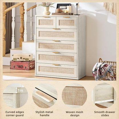 LEYAOYAO White Dresser for Bedroom, 42" Tall Chest of Drawers, Modern 6 Drawers Boho Rattan Dressers with Storage, Dresser Wooden Closet Organizer for Living Room, Hallway