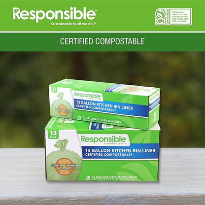 Responsible Products Kitchen Bin Liners, Certified Compostable, Heavy Duty Multipurpose Food Scrap Bags, Made from Compostable Materials (13 Gallon, 13 Gallon (38 Count))