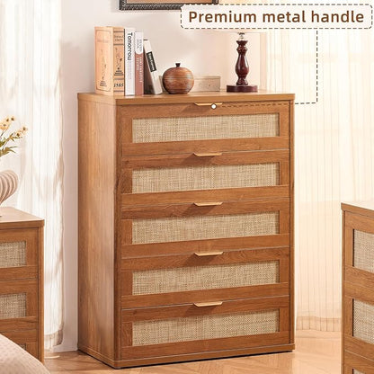 LEYAOYAO Dresser for Bedroom, 41" Tall Chest of Drawers, Modern 5 Drawers Boho Rattan Dressers with Storage, Dresser Wooden Closet Organizer for Living Room, Hallway, Tea Brown