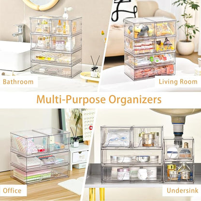 3 Pack Stackable Storage Drawers Clear Acrylic Organizer Makeup Bathroom Organizer and Storage for Beauty Supplies,Ideal for Vanity, Cabinet,Bathroom,Pantry Organization