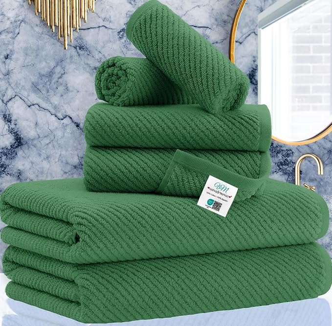 Green Towels, 6 Piece Towels Set - Cotton | Quick Dry | Thick | Lightweight | Soft, 2 Large Bath Towels 30"x56", 2 Hand Towels 18"x28", 2 Washcloths 13"x13", Luxury Towel Gift, Hunter Green