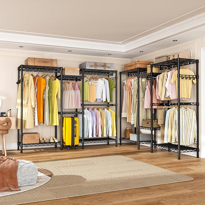 Heavy Duty Garment Rack Large Clothes Rack,Freestanding Closet Portable Clothing Rack with 7 Adjustable Wire Shelves&4 Hang Rods&2 Hooks,Metal Closet Storage Organizer Wardrobe System,MaxLoad 1000lbs