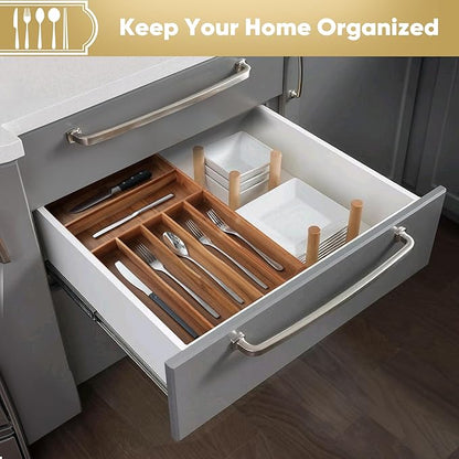 Silverware Organizer, 12.5 Inch Utensil Organizer Kitchen Drawer Organizer Acacia Silverware Holder Cutlery Tray Organizer in Drawer Flatware Organizer Tray(7 slots, Acacia）