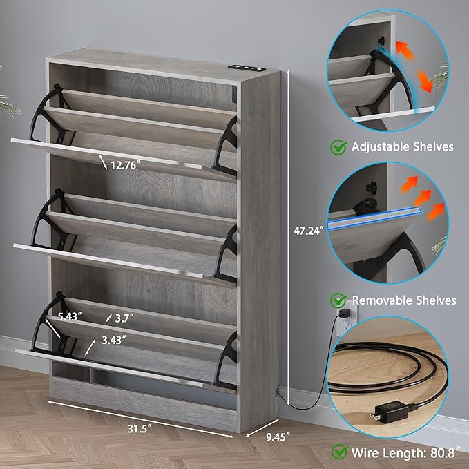 Shoe Cabinet with Odor Control and Back Panels, Deodorizing Slim 3-Flip Shoe Storage Cabinet for Entryway, Freestanding Hidden Shoe Rack Organizer for Entrance, Hallway, Bedroom