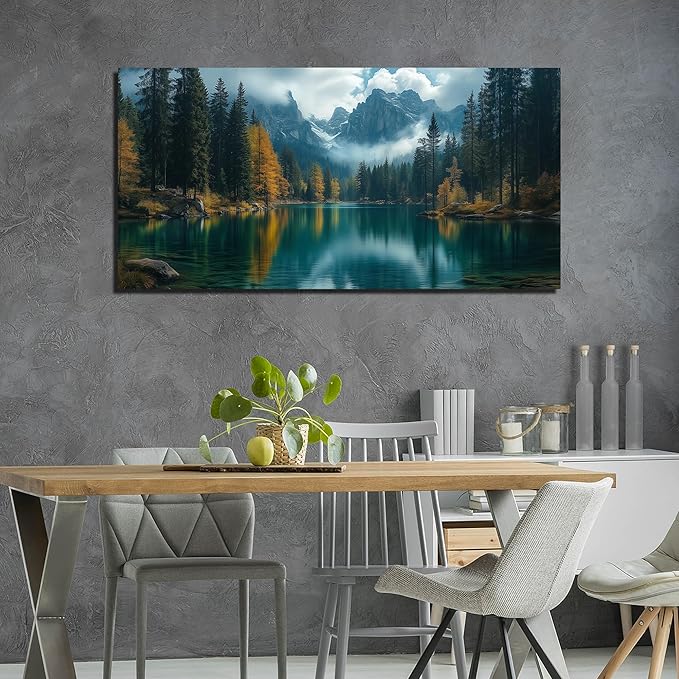 GUGIKA Landscape Wall Art for Living Room, Blue Mountain and Lake Wall-Decor for Bedroom, Modern Scenery Poster Canvas Print, Size 59 x 29 Inches