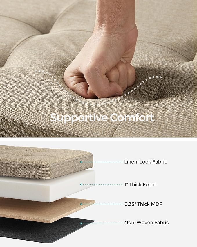 SONGMICS MAZIE Collection - 43 Inches Folding Storage Ottoman Bench, Ottoman Foot Rest, End of Bed Bench, Storage Chest, Load 660 lb, for Living Room, Bedroom, Entryway, Camel Brown ULSF077R01