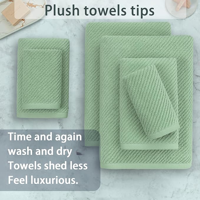 VOOVA & MOVAS Green Towels for Bathroom - 100% Cotton | Quick Dry | Lightweight | Thick | Soft, 6 Piece Towel Set, 2 Large Bath 30"x56", 2 Hand 18"x28", 2 Wash Cloths 13"x13", Towel Gift Set, Sage
