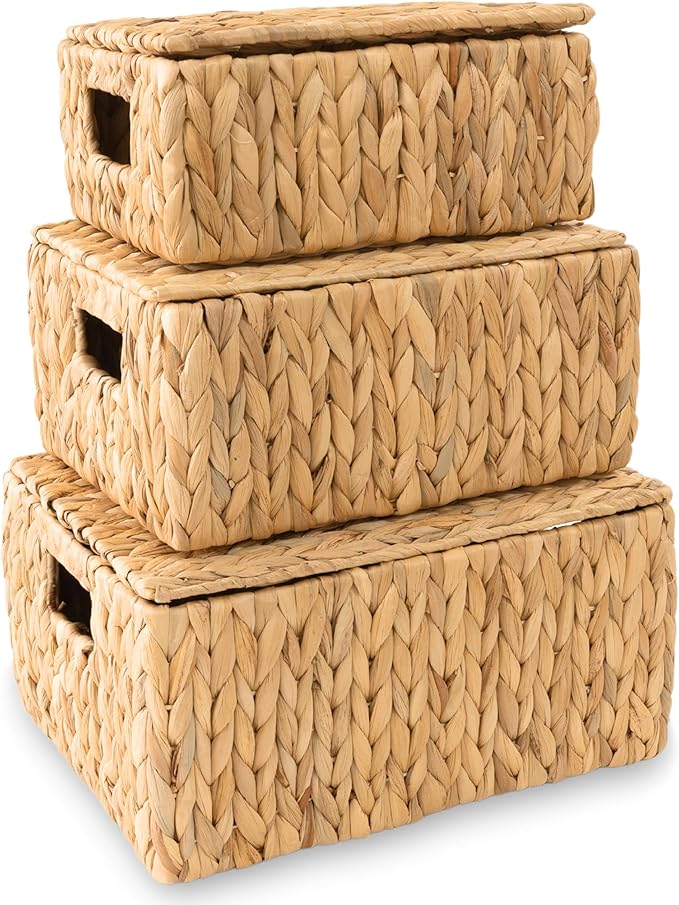 Wicker Storage Baskets with Lid, Set 3 Basket With Lid Decorative Storage Rectangle Wicker Storage Basket Large Rattan Storage Box Hyacinth Baskets