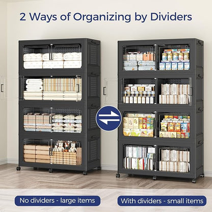 160GAL Extra Large Storage Bins with Lid, 640Qt Stackable Closet Organizers and Drawers, Collapsible Storage Bins with Wheels, Folding Storages Cabinet for Home Bedroom Office, 4Pack Black