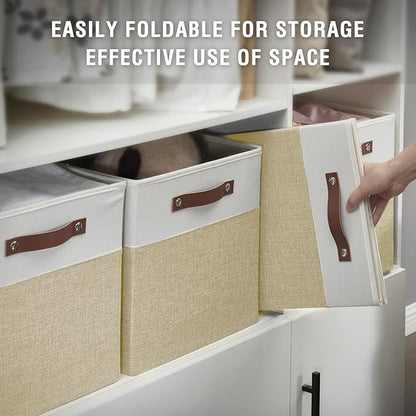 Collapsible Fabric Storage Cube Bins with 2 Reinforced PU Handles, Foldable Storage Organizer Baskets for Closet, Shelves, Living Room | 13"x13"x13", 4 Pack, Beige & White