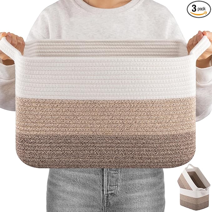 OIAHOMY Woven Storage Basket, Cotton Rope Baskets for Toys,Towel, Clothes, Used to Bathroom,Living Room,Nursery,Bedroom, 16"x12"x10"- Pack of 3, Gradient Yellow