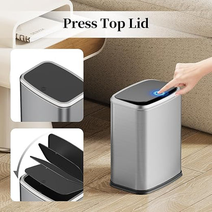2.1 Gallon Bathroom Trash Can with Lid Press Top, 8 Liter Stainless Steel Garbage Can with Press Type Lid, Slim Trash Bin Waste Basket for Toilet, Office, Bedroom, Living Room (Silver)