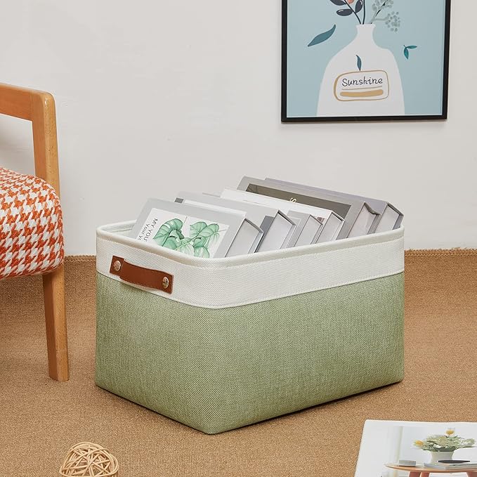 DULLEMELO Fabric Storage Bin for Laundry, Home, Foldable Storage Basket for Shelves, Toys, Collapsible Storage Basket Bin for Office, Closet,Bedroom(White&Green)