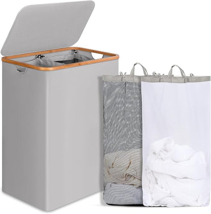 Double Laundry Hamper with Lid, Divided Laundry Hamper with Removable Bags, 2 Section Dirty Clothes Basket with Handles for Bathroom, Bedroom & Laundry Room, 160L Dove Gray
