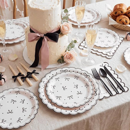 Natnarr 25 Set Black Bow Birthday Decorations Cute Bow Plates Napkins Set | 9"