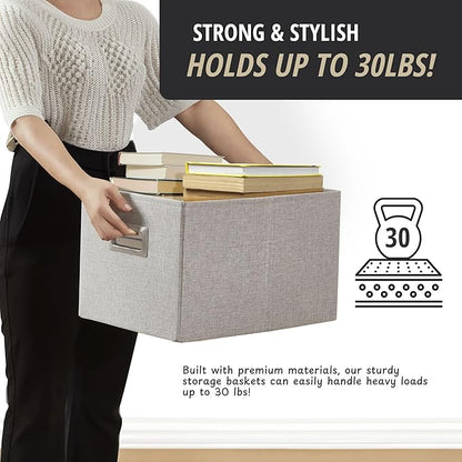 DECOMOMO Storage Bins for Shelves Robust Fabric Closet Bins for Shelves Toy Storage Clothes Books (Pack of 3 – Light Grey)