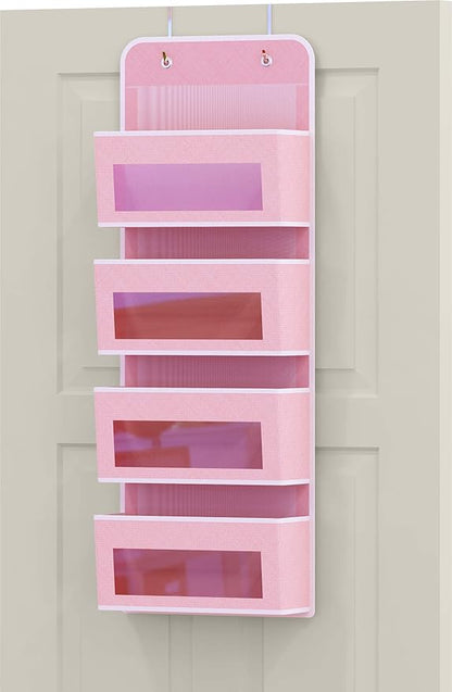 Simple Houseware 4 Clear Window Pocket Over Closet Door Storage Hanging Organizer for Bedroom, Bathroom, Pantry, Pink
