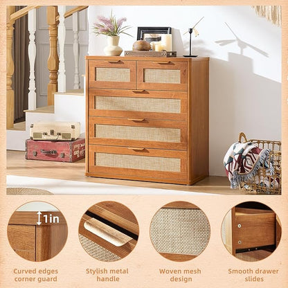LEYAOYAO Rattan Dresser for Bedroom, 33.5" Tall Chest of Drawers, Modern 5 Drawers Boho Dressers with Storage, Vintage Brown Dresser Wooden Closet Organizer for Living Room, Hallway