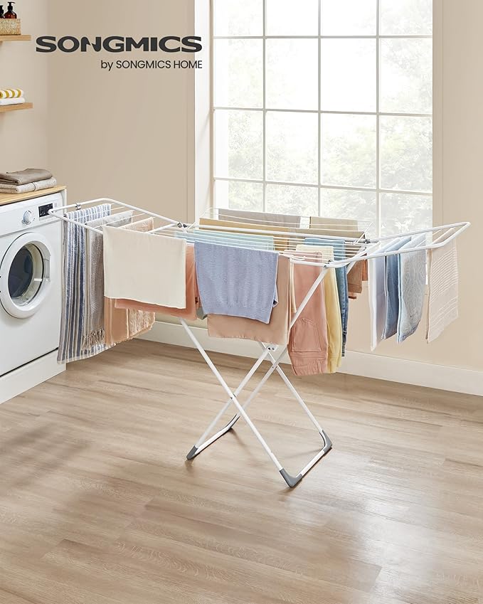 SONGMICS Clothes Drying Rack, Metal Laundry Drying Rack, Foldable, Space-Saving, Free-Standing Airer, with 4 Gullwings, Indoor Outdoor Use, Bed Linen Clothing, White ULLR541W01