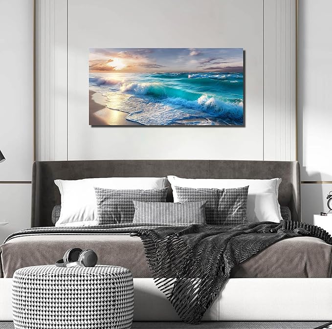GUGIKA Ocean Wall Art for Living Room, Blue Wave and Large Coastal Beach Canvas Wall-Decor for Bedroom, Gold Sun Scenery Pictures for Hallway Office, Size 40x20 Inches