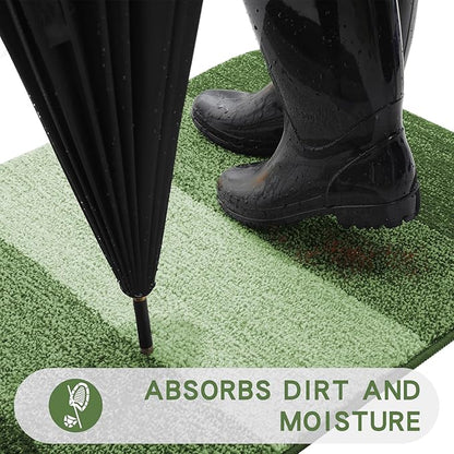 Kitinjoy Indoor Outdoor Door Mat, 47x20 Non-Slip Absorbent Dirt Trapper, Low-Profile Washable Inside Entrance Front Floor Mat, Sturdy Soft Entry Doormats for Entryway, Green