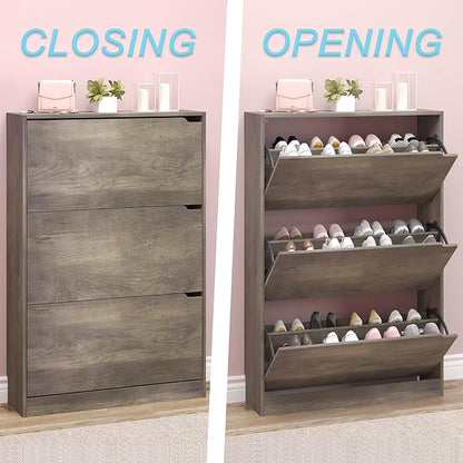 Shoe Cabinet with 3 Flip Drawers, Hidden Wood Shoe Cabinet,Freestanding Shoe Storage Cabinet for Entryway Hallway