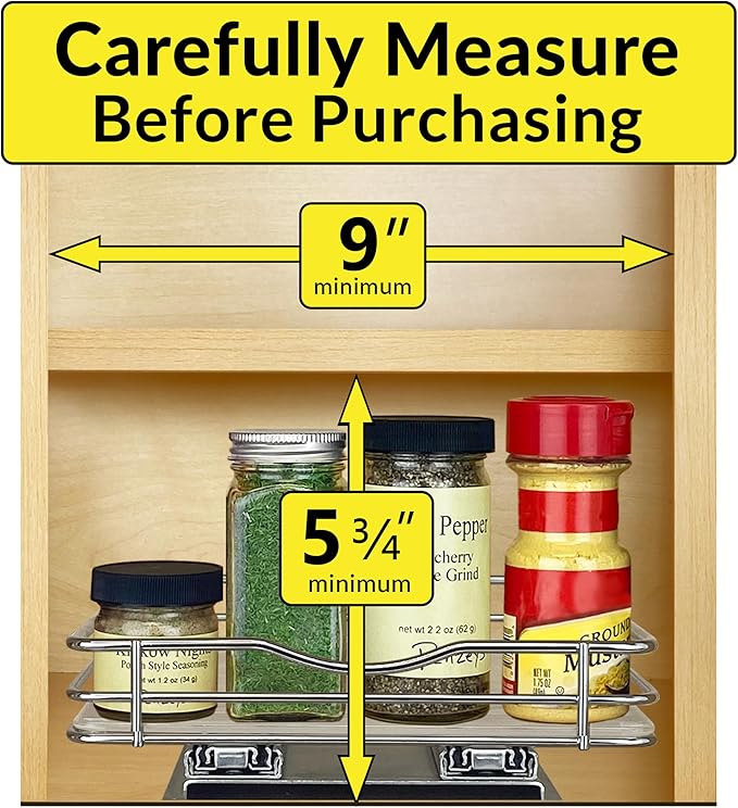 LYNK PROFESSIONAL® Pull Out Spice Rack Organizer for Inside Kitchen Cabinets - 8-1/4 inch Wide - Slide Out Drawer – Chrome Sliding Spice Cabinet Organization Shelf Racks - 1 Tier
