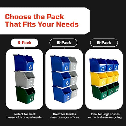 Multi Recycling Bin System with Three Stacking 6 Gallon Bins with Carrying Handles, Stackable and Compact for Offices, Homes, Garages, Businesses - (Yellow, 3 Pack)