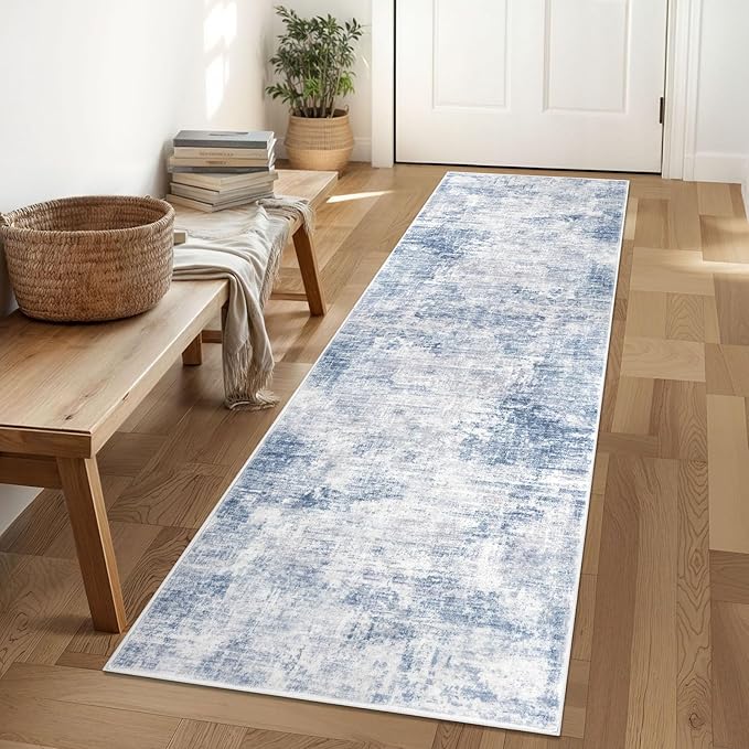 IOHOUZE Abstract Runner Rug 2x6 Ft Washable Runners for Hallways, Non Slip Kitchen Runner Printed Faux Wool Entryway Runner Indoor, Modern Abstract Floor Carpet for Hall Bedroom, Light Blue White