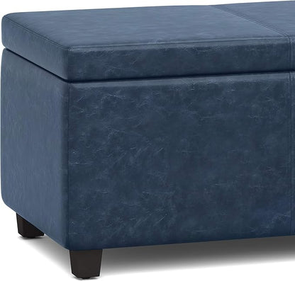 SIMPLIHOME Avalon 48 inch Wide Contemporary Rectangle Storage Ottoman Bench in Denim Blue Vegan Faux Leather, Assembled, For the Living Room, Entryway and Family Room