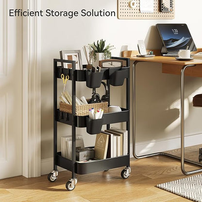 3 Tier Rolling Cart,Utility Cart with Locking Wheels, Hanging Cups & Hooks, Heavy Duty Metal Storage Organizer Cart for Kitchen,Office, Bathroom,Craft Room,Black