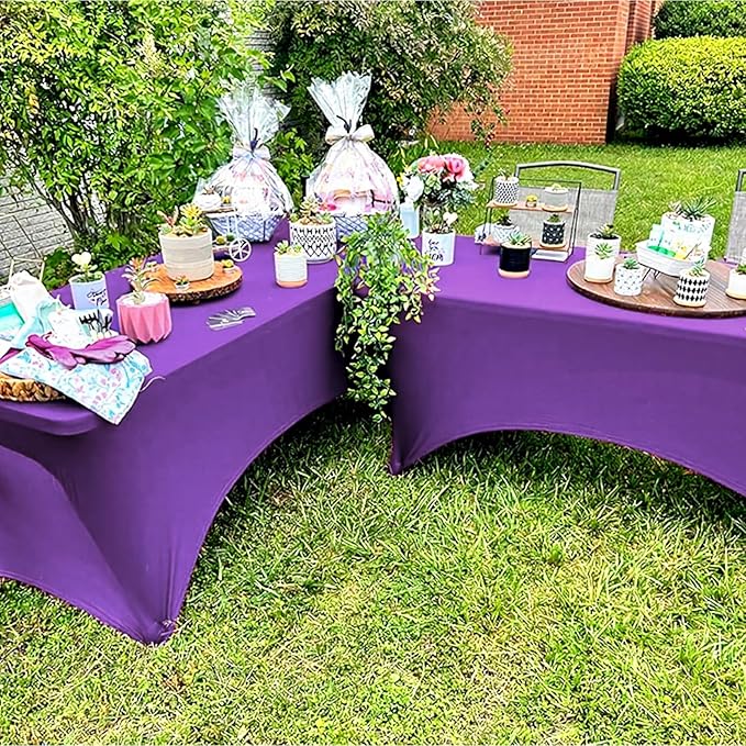 Trlyc 2 Pack 8FT Spandex Table Cloth - 96 x 30 Inch Rectangular Stretch Tablecloth, Wrinkle Resistant Scretch Table Cover for Wedding, Party, Banquet, Picnic, Outdoor Decoration (2Pcs,Purple)