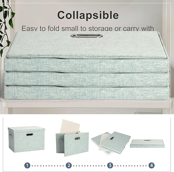 Large 17" 36 Quart Collapsible Stackable Storage Bins with Lids, 3 Packs Light Green Linen Fabric Closet Boxes with Lids, Storage Cube Baskets Container Organizers for Office (17x12x11)