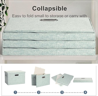Large 17" 36 Quart Collapsible Stackable Storage Bins with Lids, 3 Packs Light Green Linen Fabric Closet Boxes with Lids, Storage Cube Baskets Container Organizers for Office (17x12x11)