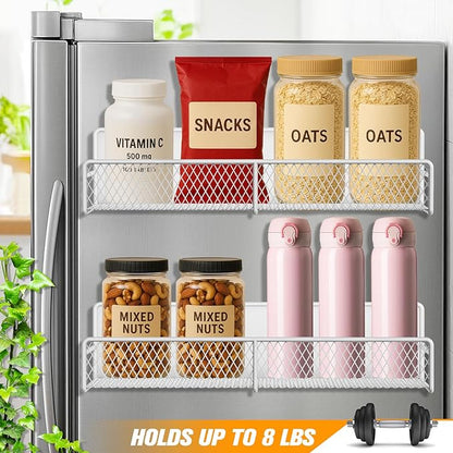 2 Pack Magnetic Spice Rack for Refrigerator, White Magnetic Shelf with 4 Removable Hooks, Rustproof Magnetic Shelf for Fridge, Oven, Condiments, Oils, Seasoning Spice Organizer