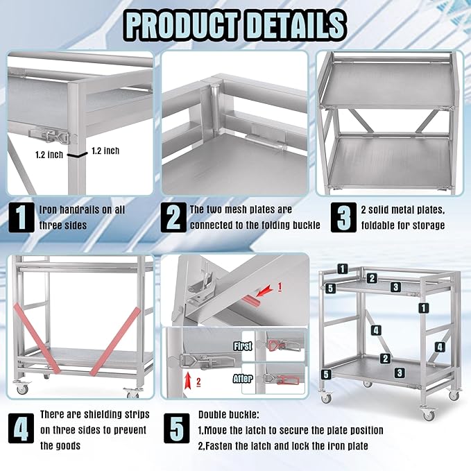 2 Shelf Rolling Cart with Wheels, 660lbs Capacity Collapsible Steel Rolling Utility Cart, Heavy-Duty Foldable Workbench, Metal Rolling Storage Cart with Handle for Groceries, Warehouse (36" Lx26 W)