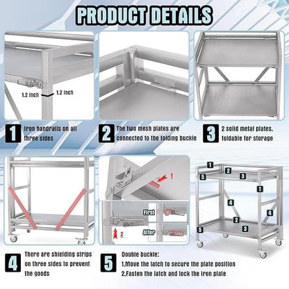 2 Shelf Rolling Cart with Wheels, 660lbs Capacity Collapsible Steel Rolling Utility Cart, Heavy-Duty Foldable Workbench, Metal Rolling Storage Cart with Handle for Groceries, Warehouse (36" Lx26 W)