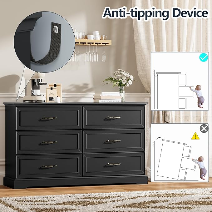 6 Drawer Dresser for Bedroom, 53" Wide Wooden Chest of Drawers, Rustic Farmhouse Dresser with Large Drawers & Metal Handles, Modern Storage Organizer for Closet, Living Room, Hallway, Black