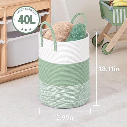 CLHMILY&Z 40L Laundry Basket Round Storage Rope Basket - 13x18 Inches - Green Hamper in Bedreoom and Cute Storage Bin for Blankets, Toys, and Nursery Essentials
