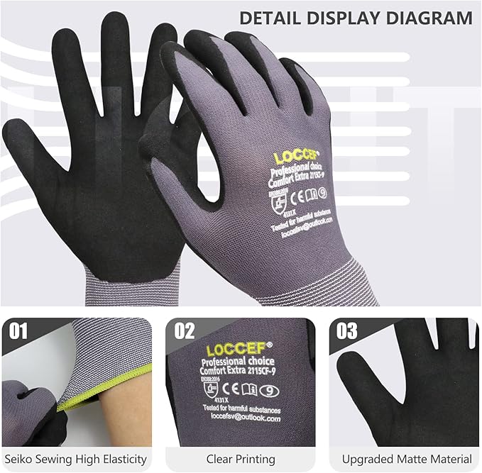LOCCEF Work Gloves MicroFoam Nitrile Coated-6 Pairs,Seamless Knit Nylon Gloves,Gray Work gloves