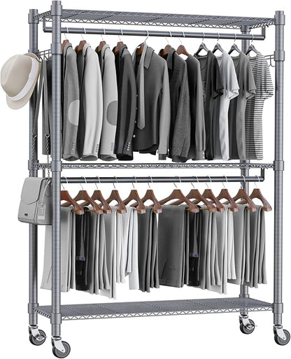 Homdox Rolling Clothes Rack Heavy Duty, 3-Tier Adjustable Wire Shelving Garment Organizer with Double Rods & Hooks, Portable Clothes Rack with Wheels, 17.72" D x 47.24" W x 80.71" H, Grey