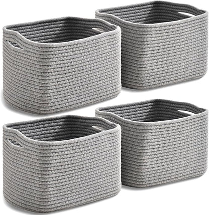 Small Storage Baskets for Organizing, Woven Storage Baskets for Shelves, Cotton Rope Basket for Storage, Cute Rectangular Book Toy Grey Basket, 12.7"×9.1"×7.9", 4 Packs, Grey