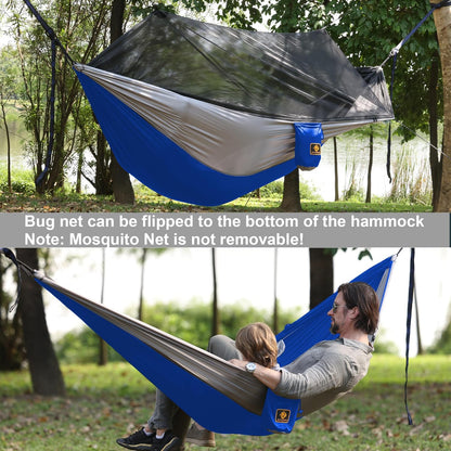 Camping Hammock with Net,Travel Portable Lightweight Hammocks with Tree Straps and Solid D-Shape Carabiners,Parachute Nylon Hammock for Outsides Backpacking Beach Backyard Patio Hiking Blue & Grey
