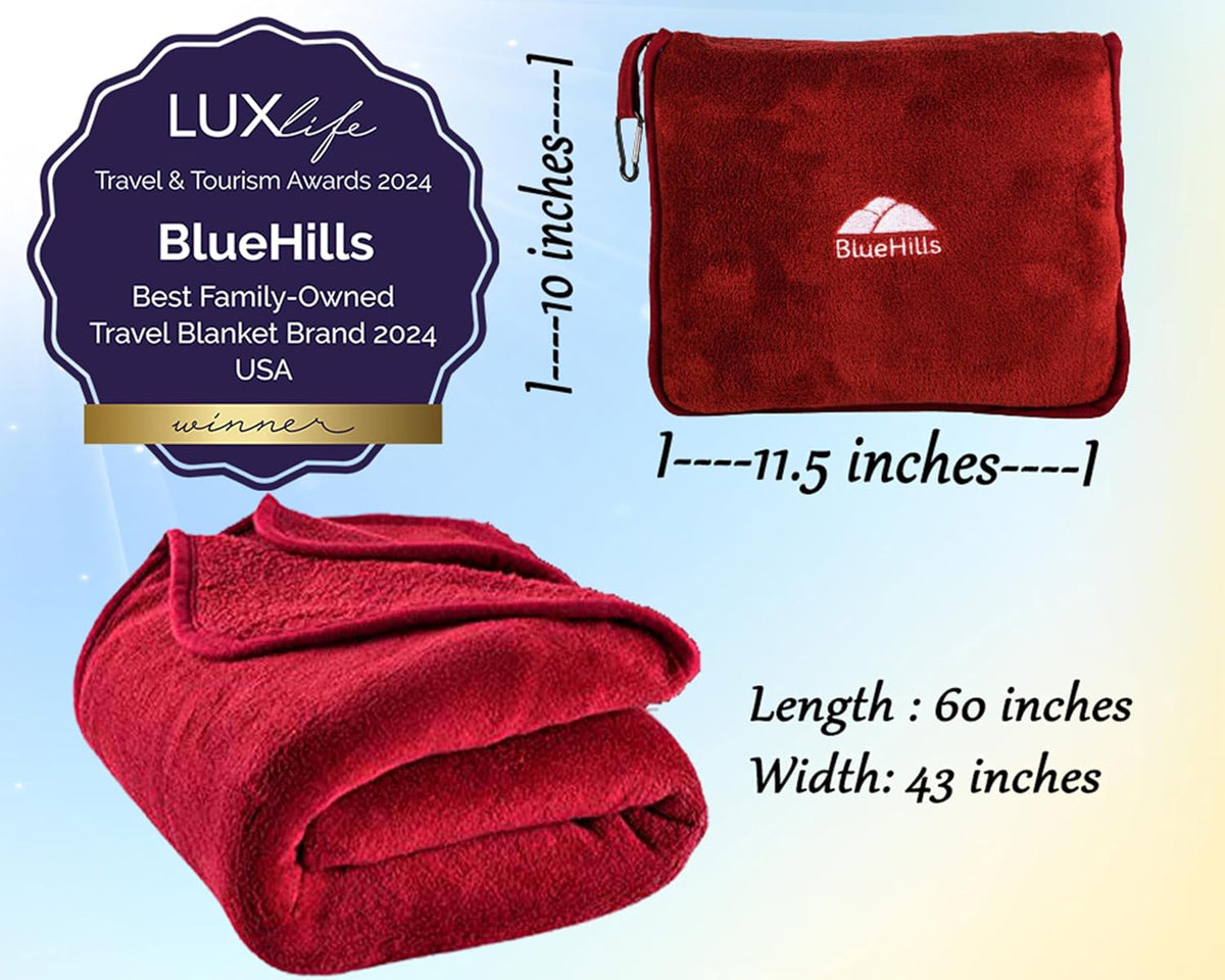 BlueHills Premium Soft Travel Blanket Pillow Airplane Blanket Packed in Soft Bag Pillowcase with Hand Luggage Belt and Backpack Clip Compact Large Long Flights Traveler Essentials Lightweight Red T001